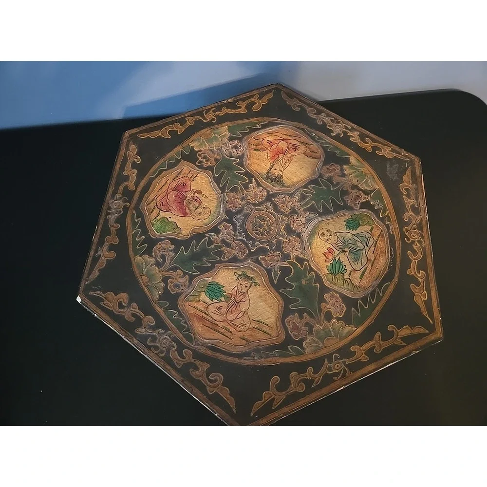 Antique Large Hexagonal Wooden Box Asian Hand Painted 6 Inside Compartments Rare